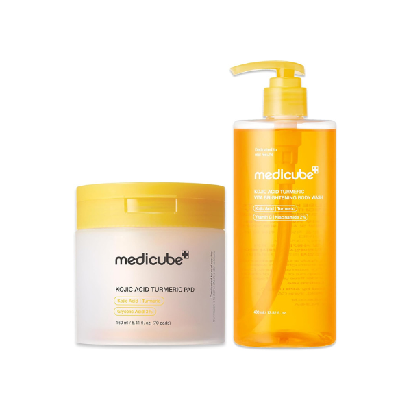 medicube Kojic Acid Body Wash & Prep Duo: Kojic Acid Turmeric Toner Pads and Turmeric Body Wash | Simple Cleanse & Swipe Routine for Glowing-Looking Body Skin