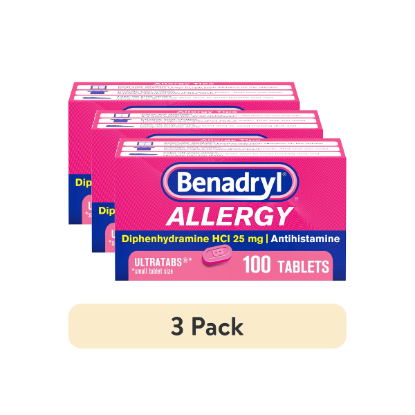 (3 pack) Benadryl Allergy Medicine for Adults, Ultratablets, 25 mg Diphenhydramine HCl, 100 Count Size