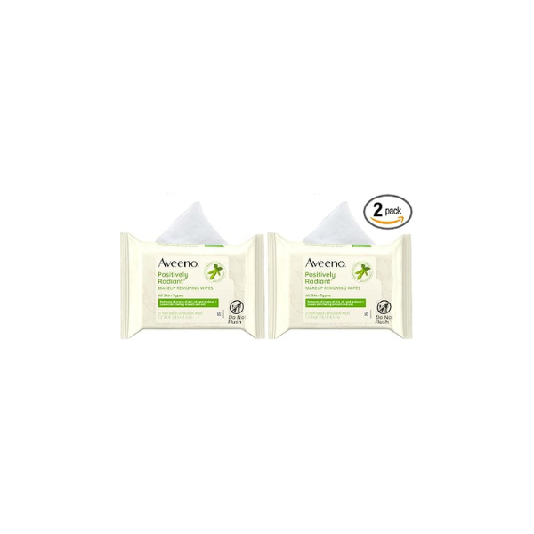 Aveeno Positively Radiant Makeup Remover Wipes, Gentle Individual Face Wipes with Moisture-rich Soy Extract to help leave your skin looking bright, Hypoallergenic Formula, Non-Comedogenic (Pack of 50)