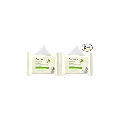 Aveeno Positively Radiant Makeup Remover Wipes, Gentle Individual Face Wipes with Moisture-rich Soy Extract to help leave your skin looking bright, Hypoallergenic Formula, Non-Comedogenic (Pack of 50)