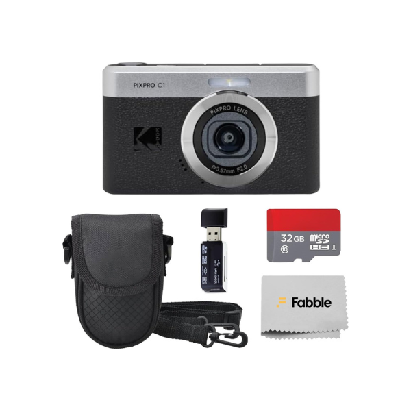 Kodak PIXPRO C1 Compact Digital Camera (Black) Bundle with 32GB microSDHC Card, Protective Camera Case, Hi-Speed USB Card Reader, USB-C Cable, AC Adapter, and Manufacturer Accessories