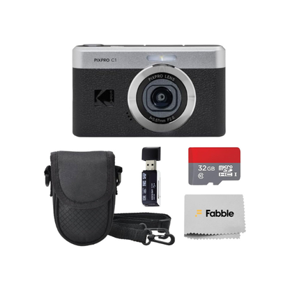 Kodak PIXPRO C1 Compact Digital Camera (Black) Bundle with 32GB microSDHC Card, Protective Camera Case, Hi-Speed USB Card Reader, USB-C Cable, AC Adapter, and Manufacturer Accessories