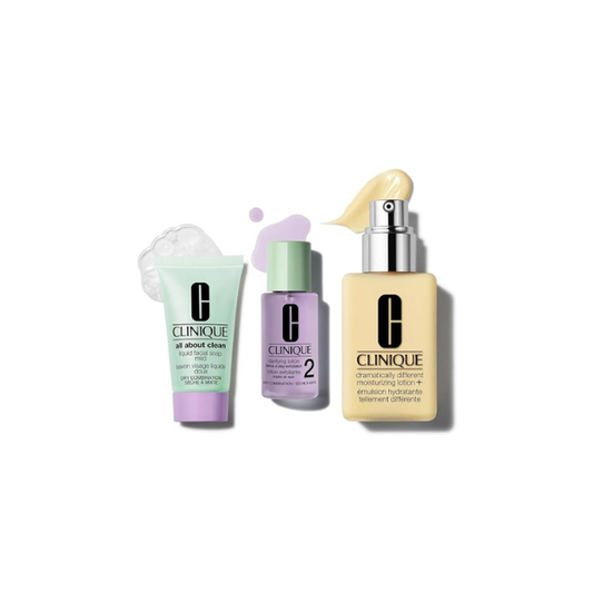 Clinique Great Skin, Great Deal Gift Set | All About Clean Mild Liquid Soap, Clarifying Lotion + Dramatically Different Lotion | Includes Full Size Moisturizer | For Dry or Oily Combination Skin Types