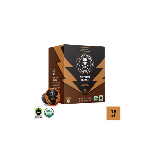 Death Wish Coffee Co., Organic and Fair Trade, Single Serve Coffee Pods, Medium Roast, 18 Count