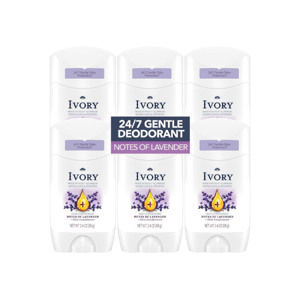 Ivory Gentle Deodorant Notes of Lavender, 24hr Gentle Deodorant, Dermatologist Tested, Baking Soda Free, Paraben Free, 2.4oz (Pack of 6)