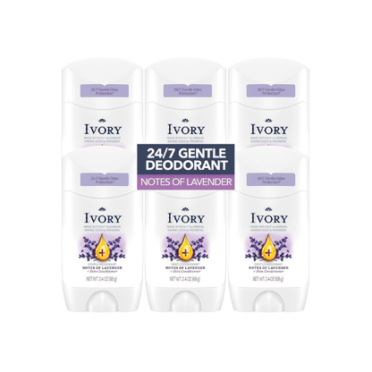 Ivory Gentle Deodorant Notes of Lavender, 24hr Gentle Deodorant, Dermatologist Tested, Baking Soda Free, Paraben Free, 2.4oz (Pack of 6)