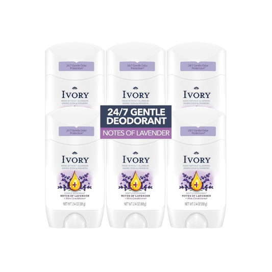 Ivory Gentle Deodorant Notes of Lavender, 24hr Gentle Deodorant, Dermatologist Tested, Baking Soda Free, Paraben Free, 2.4oz (Pack of 6)