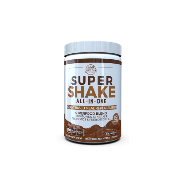 Country Farms All-in-One Super Shake Meal Replacement 15g Plant Protein Dietary Supplement with Superfoods, Vitamins, Probiotics and Prebiotics, 12 Servings, Chocolate, 12.48 Oz