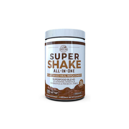 Country Farms All-in-One Super Shake Meal Replacement 15g Plant Protein Dietary Supplement with Superfoods, Vitamins, Probiotics and Prebiotics, 12 Servings, Chocolate, 12.48 Oz
