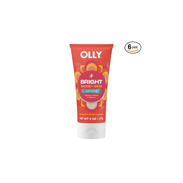 OLLY Bright Body Scrub with Ginseng, Caffeine & Vitamin C– Nourishing Cleanser for Skin Exfoliation, SkinBarrier Repair, Citrus Currant Scent, 6 Fl Oz (Pack of 6)