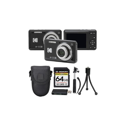 Kodak PIXPRO FZ55 Digital Camera, 16MP Compact Point & Shoot, 5X Optical Zoom, 28mm Wide Angle Lens, 1080P HD Video, Black + 64GB SD Card, Case, Selfie Stick, Mini Tripod & USB Card Reader