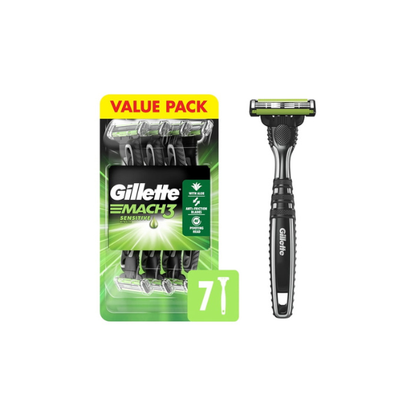 Gillette Mach3 Sensitive, Men's Disposable Shaving Razors with Pivoting Head, 7 Count