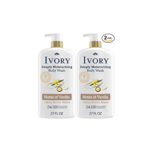 Ivory Body Wash, Deeply Moisturizing, 24hr Nourishing Hydration, Soothes Itchy Dry Skin, Made with Shea Butter Blend, Free of Dyes Heavy Perfumes Parabens & Phthalates, Vanilla Scent, 27 oz
