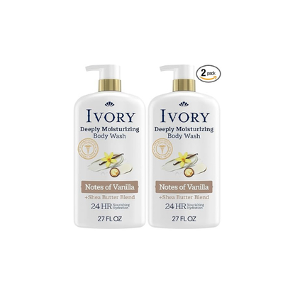 Ivory Body Wash, Deeply Moisturizing, 24hr Nourishing Hydration, Soothes Itchy Dry Skin, Made with Shea Butter Blend, Free of Dyes Heavy Perfumes Parabens & Phthalates, Vanilla Scent, 27 oz