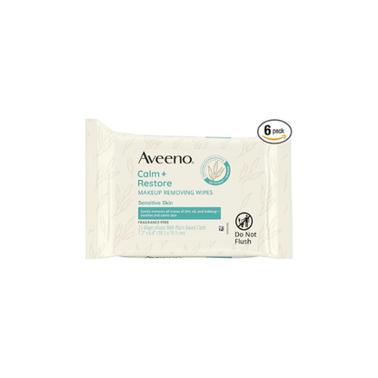 Aveeno Calm + Restore Unscented Makeup Remover Face Wipes, Fragrance Free Facial Cleansing Towelettes with Oat Extract & Calming Feverfew Leave Skin Feeling Soothed, Alcohol Free, 25 ct (Pack of 6)