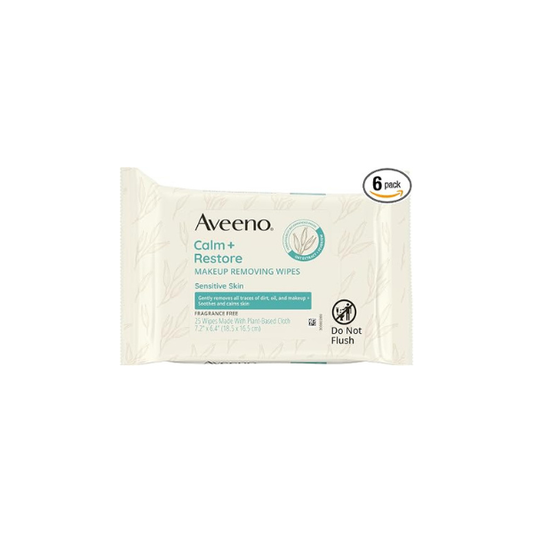 Aveeno Calm + Restore Unscented Makeup Remover Face Wipes, Fragrance Free Facial Cleansing Towelettes with Oat Extract & Calming Feverfew Leave Skin Feeling Soothed, Alcohol Free, 25 ct (Pack of 6)