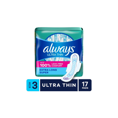 Always Ultra Thin Pads with Wings, Size 3, Extra Long Super, 17 Count