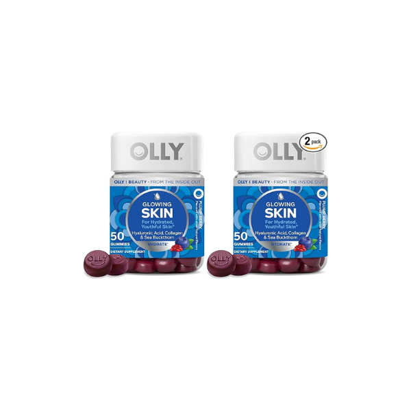 OLLY Glowing Skin Gummy, Hydrated & Youthful Skin,* Hyaluronic Acid, Collagen Peptides, Sea Buckthorn, Plump Berry Flavor, 25 Day Supply - 50 Count (Pack of 2)