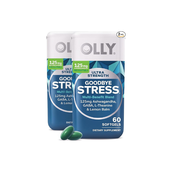 OLLY Ultra Strength Goodbye Stress Softgels, GABA, Ashwagandha, L-Theanine and Lemon Balm, Stress Relief Supplement - 60 Count (Pack of 2)