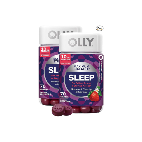 OLLY Max Strength Sleep Gummy,10mg Melatonin,L-Theanine,Chamomile,Lemon Balm,Sugar Free,Vegetarian Sleep Aid,Strawberry -,70 Count (Pack of 2)