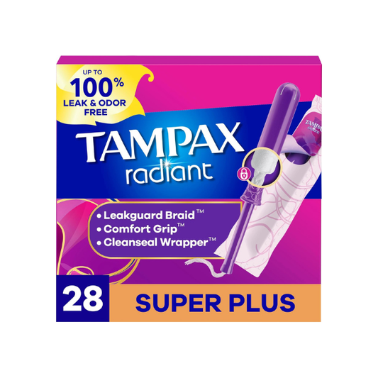 Tampax Radiant Tampons, with LeakGuard Braid, Super Plus Absorbency, Unscented, 28 Count, Packaging May Vary