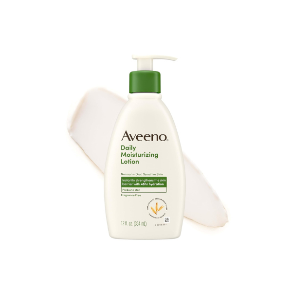 Aveeno Daily Moisturizing Body Lotion with Soothing Prebiotic Oat, Gentle Lotion for Women and Men Nourishes Dry Skin, Paraben-, Dye-, & Fragrance-Free, Non-Greasy & Non-Comedogenic, 12 Fl Oz