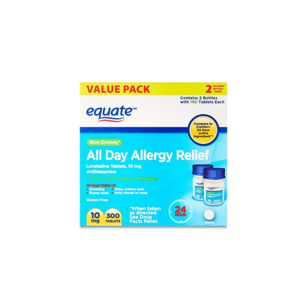 Equate Non-Drowsy All Day Allergy Relief Loratadine 10 mg Tablets Antihistamine, 300 Count, Compare to ClaritinÂ 24 Hour Active Ingredient