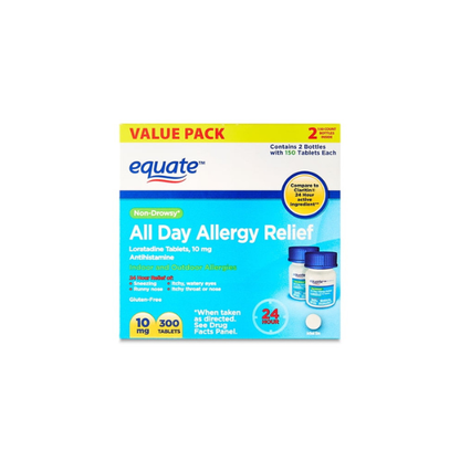 Equate Non-Drowsy All Day Allergy Relief Loratadine 10 mg Tablets Antihistamine, 300 Count, Compare to ClaritinÂ 24 Hour Active Ingredient