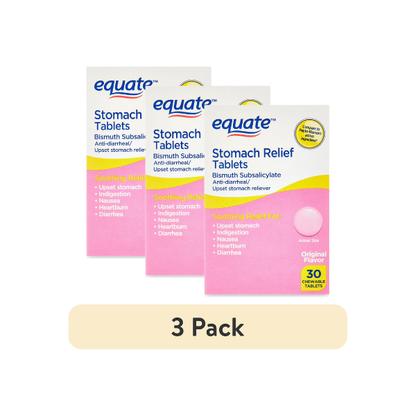 (3 pack) Equate Stomach Relief Chewable Tablets, 262 mg, 30 Count, Compare to Pepto-BismolÂ Active Ingredient