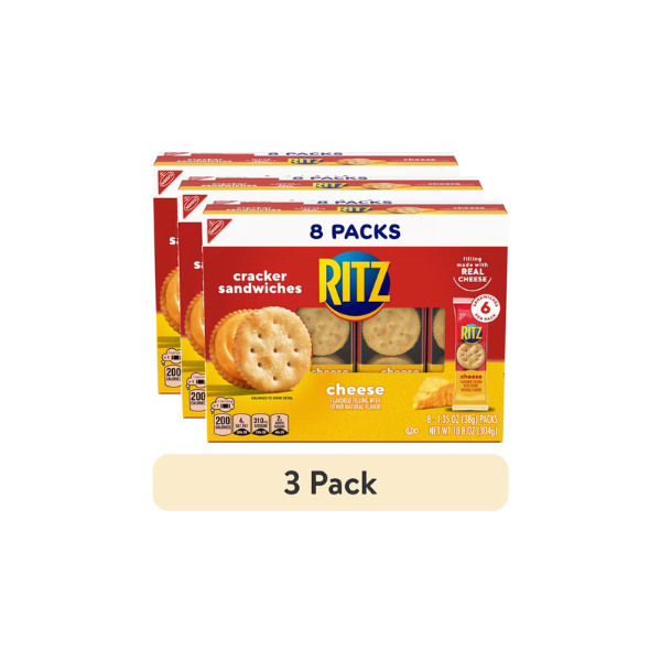 (3 pack) RITZ Cheese Sandwich Crackers, Lunch Snacks, 8 Snack Packs (6 Cracker Sandwiches Per Pack)