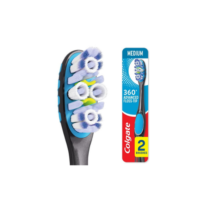 Colgate 360 Floss-Tip Toothbrush Pack, Medium Adult Toothbrushes, 2 Pack