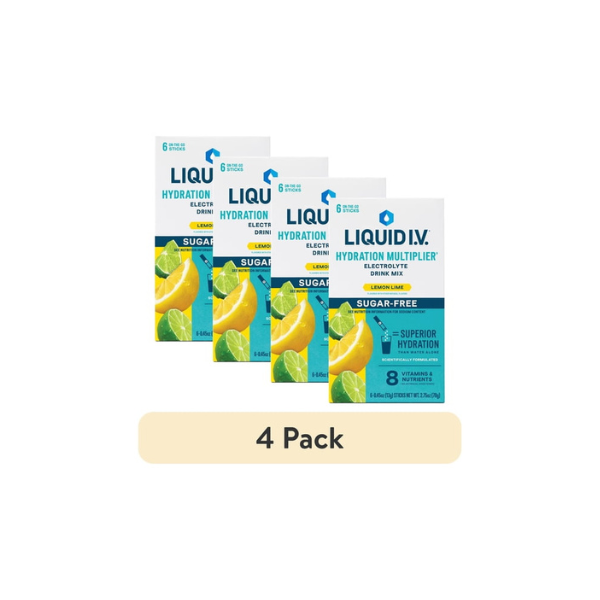 (4 pack) Liquid I.V. Lemon Lime Hydration Multiplier Sugar-Free Electrolyte Powder Drink Mix, 6 Count Packets