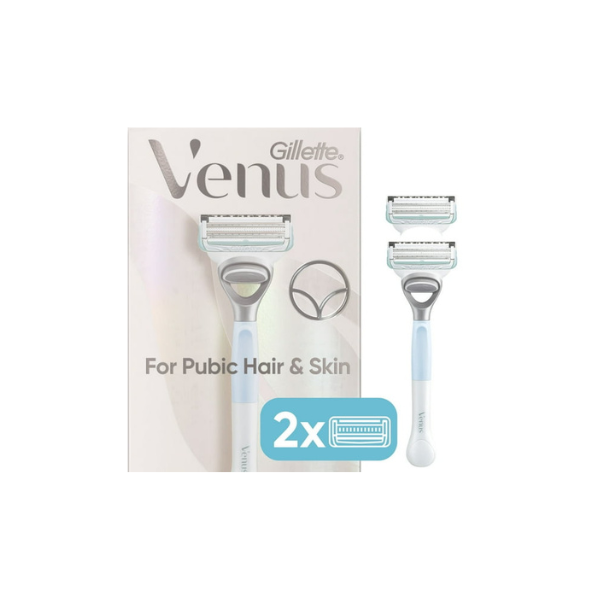 Venus for Pubic Hair and Skin Razor for Women, Manual Razor, Handle + 2 Razor Blade Refills, White