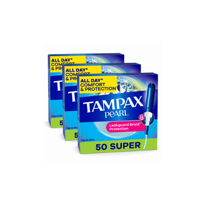 (3 pack) Tampax Pearl Tampons with LeakGuard Braid, Super Absorbency, 50 Count