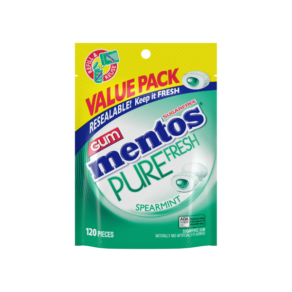 Mentos Pure Fresh Spearmint Sugarfree Gum Extra Value Pack, Regular Size, 120 Count