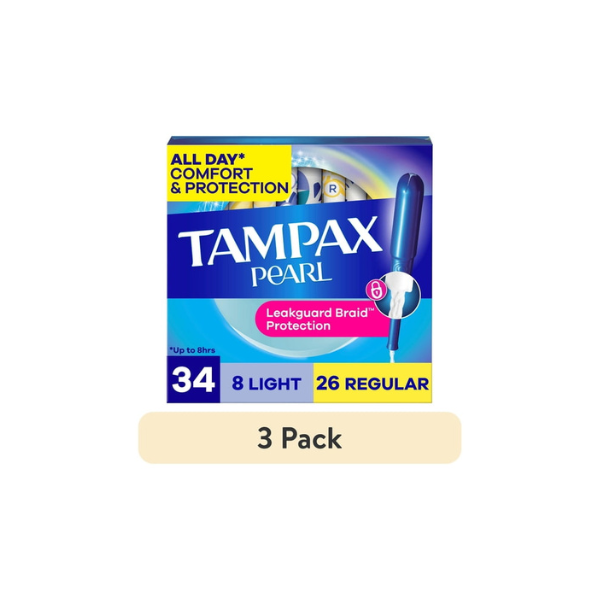 (3 pack) Tampax Pearl Tampons Multipack with LeakGuard Braid, Light/Regular, 34 Count