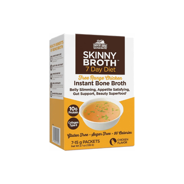 Country Farms Skinny Broth, Instant Chicken Bone Broth, 10G Protein, Collagen Type II, Promotes Better Digestion, Supports Bone Health, 7 Day Plan, 7-15g Packets