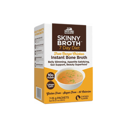 Country Farms Skinny Broth, Instant Chicken Bone Broth, 10G Protein, Collagen Type II, Promotes Better Digestion, Supports Bone Health, 7 Day Plan, 7-15g Packets