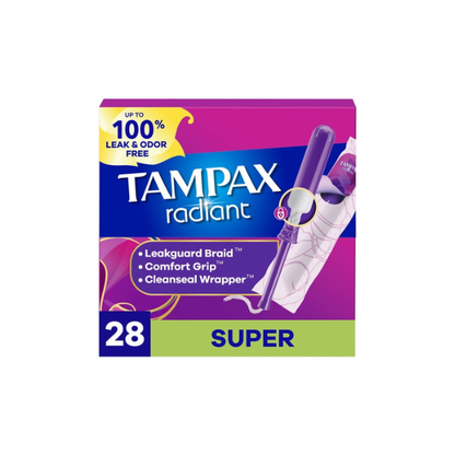 Tampax Radiant Tampons with LeakGuard Braid, Super Absorbency, 28 Count