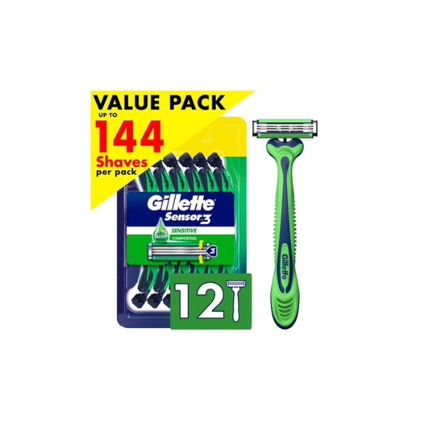 Gillette Sensor3 Sensitive Men's Disposable Razor, 12 Razors, Green