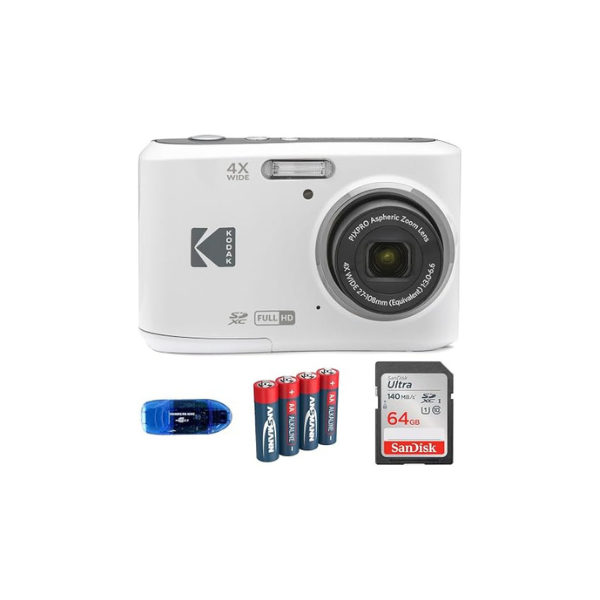 KODAK Pixpro FZ45 Digital Camera Bundle, Includes: SanDisk 64GB SDXC Memory Card, Spare Batteries and Card Reader (4 Items) (White)