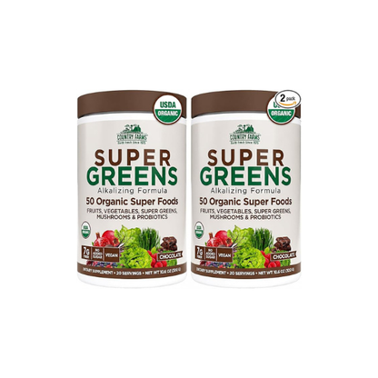 Country Farms Super Greens Chocolate Flavor, 50 Organic Super Foods, USDA Organic Drink Mix, Fruits, Vegetables, Super Greens, Mushrooms & Probiotics, Supports Energy, 40 Servings, 10.6 Oz, 2 Pack