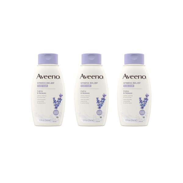 Aveeno Stress Relief Body Wash with Soothing Oat, Lavender, Chamomile & Ylang-Ylang Essential Oils, Hypoallergenic, Dye-Free & Soap-Free Calming Body Wash, 12 fl. Oz (Pack of 3)