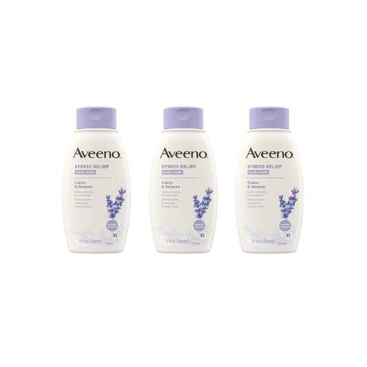 Aveeno Stress Relief Body Wash with Soothing Oat, Lavender, Chamomile & Ylang-Ylang Essential Oils, Hypoallergenic, Dye-Free & Soap-Free Calming Body Wash, 12 fl. Oz (Pack of 3)