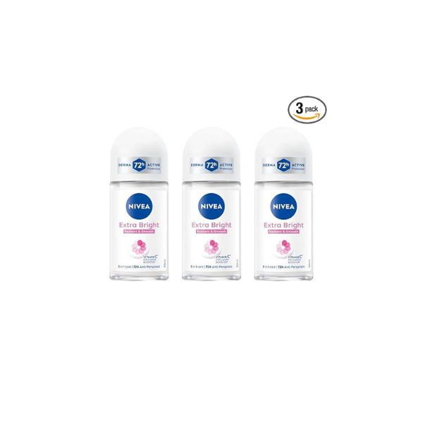 NIVEA Extra Bright 8 Super Food Vitamin C Collagen Booster Underarm Roll-On Deodorant, Alcohol-Free, 72HR Odor Protection, Smooth & Bright Skin, 50ml, 1.69oz, Pack of 3