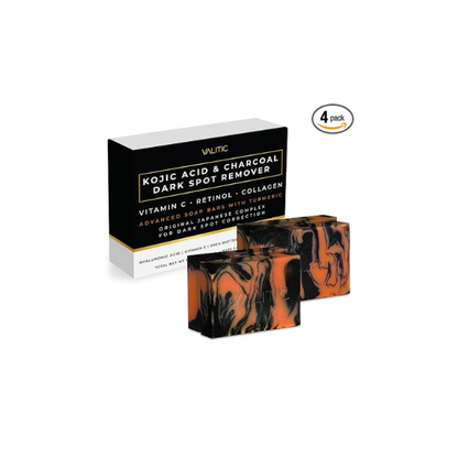 VALITIC Charcoal Kojic Acid Turmeric Black Soap for Dark Spots, 4 Pack