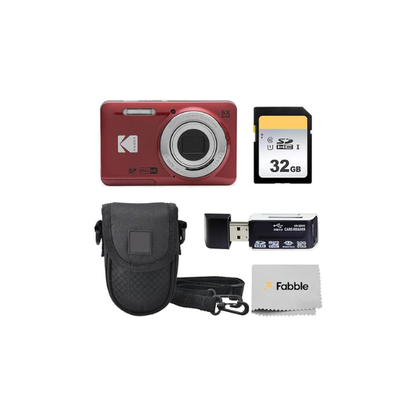 KODAK PIXPRO FZ55 16MP Digital Point & Shoot Camera, 5X Optical Zoom, 28mm Wide Angle, 1080P Full HD Video, Bundle with 32GB SD Card, Protective Case, and Hi-Speed Card Reader (Red)