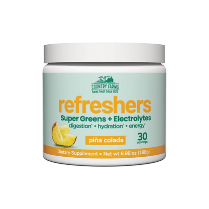 Country Farms Refreshers, Super Greens and Electrolytes, Essential Minerals and Superfoods, Hydration Support, Promotes Natural Energy, with Fiber, Piña Colada, 30 Servings