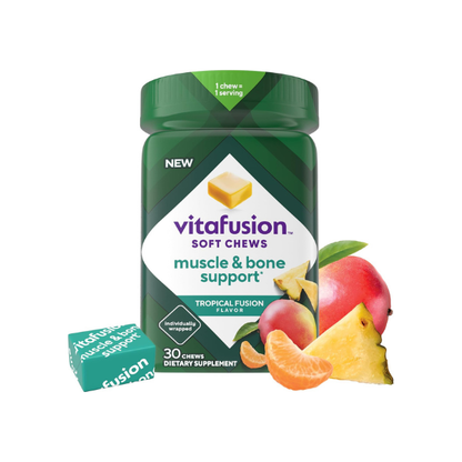 Vitafusion Soft Chews Muscle & Bone Support (1), Adult Chewable Vitamin D for Bone & Muscle Support, Individually Wrapped, Tropical Fusion Flavor, 30 Chews, 30 Day Supply