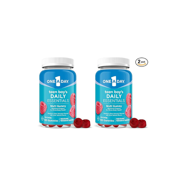 ONE A DAY Teen Boy’s Daily Essentials Multivitamin Gummies,Teen Boy Vitamins with Vitamin C,Vitamin D,Bone Health,Immune Health,Raspberry Natural Flavor,120 Gummies,(Pack of 2)